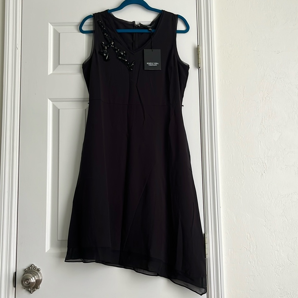 Vera Wang Black asymmetric dress with embroiders jewel NWT